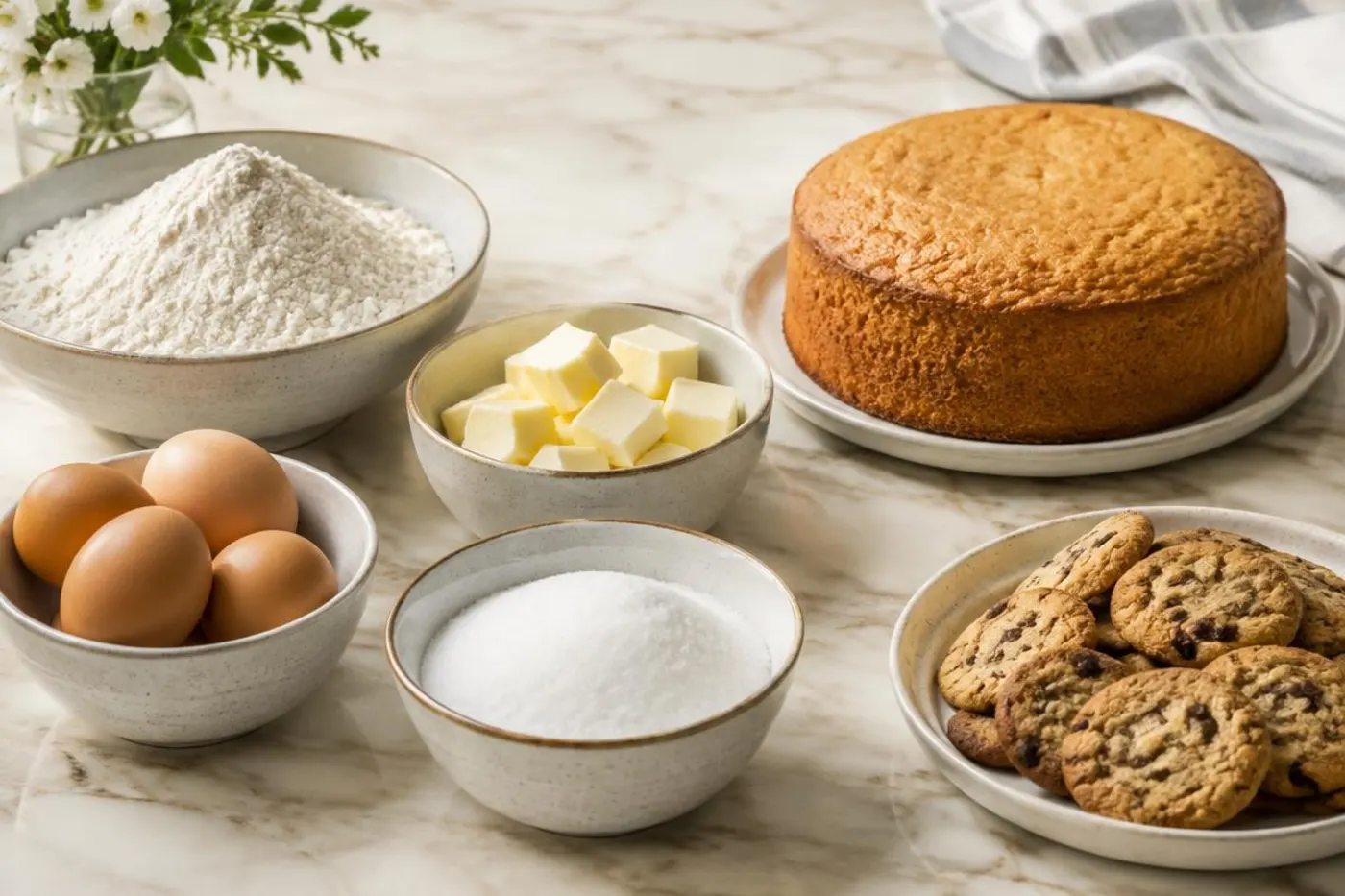 Bowls of flour, butter, eggs and sugar beside a sponge cake and chocolate chip cookies on marble
