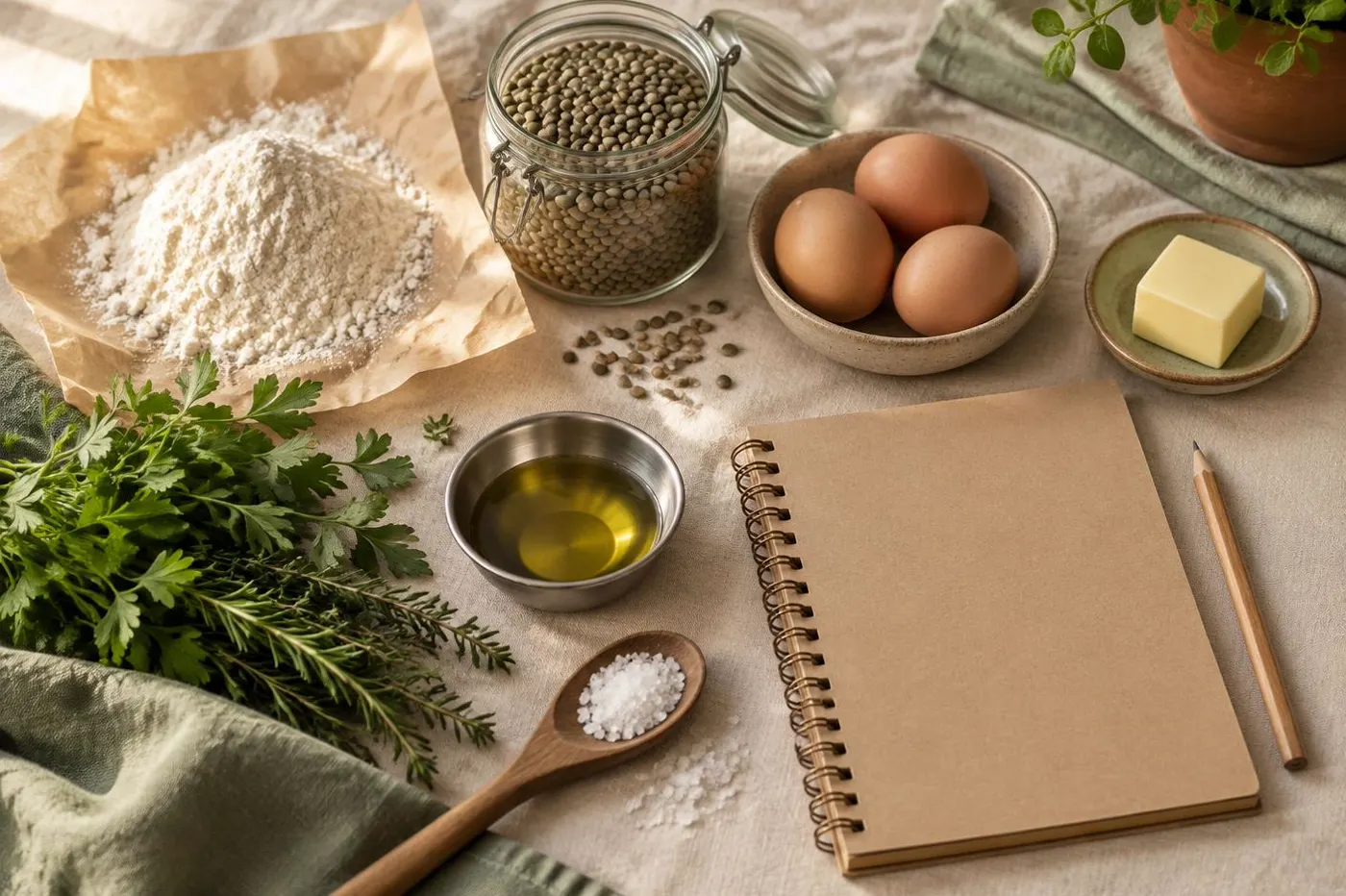 Flour, lentils, eggs, butter and fresh herbs measured out on a cream counter beside a blank notebook and pencil