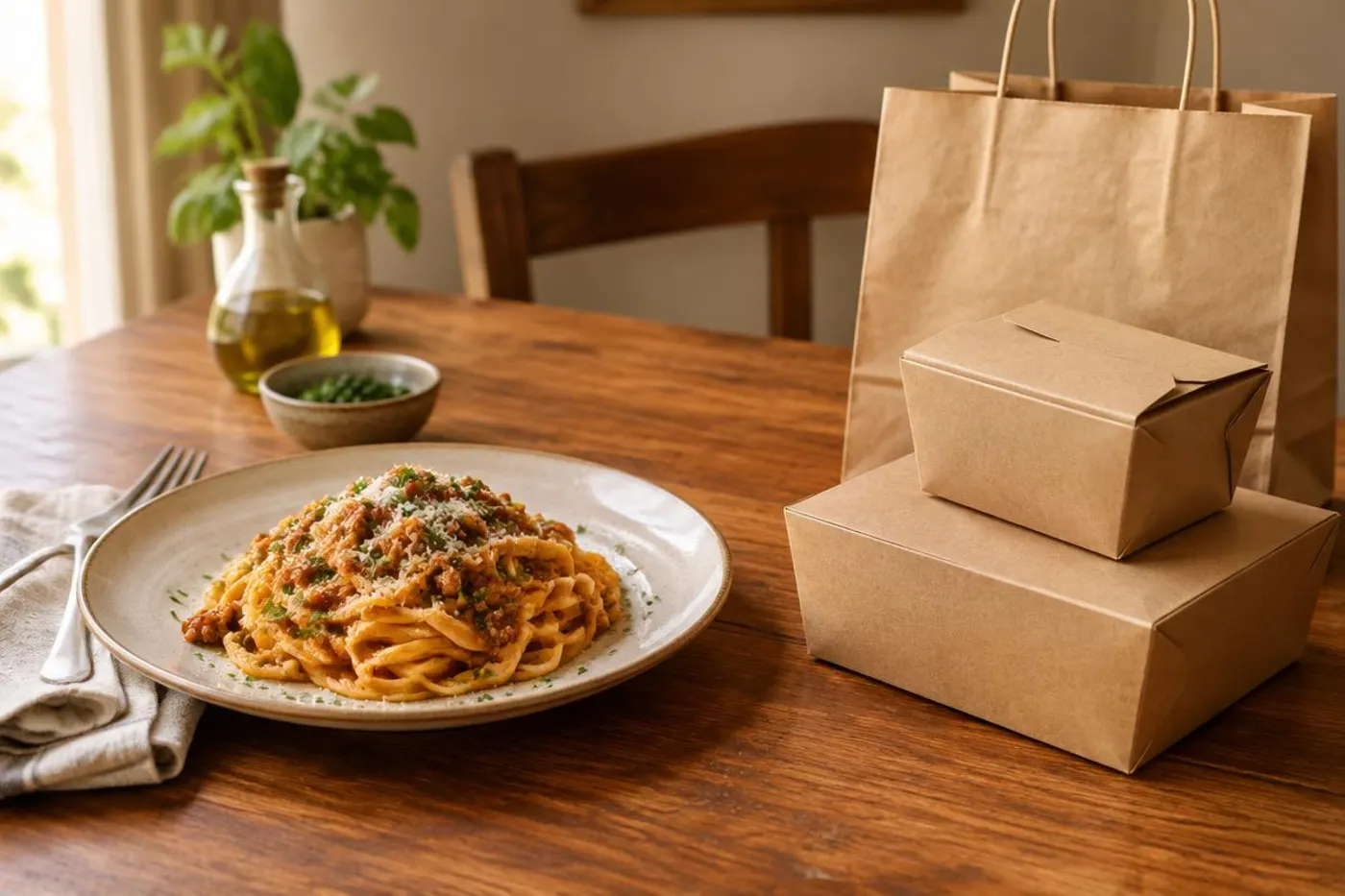 A plate of homemade pasta beside plain brown takeaway boxes and a paper bag on a wooden table