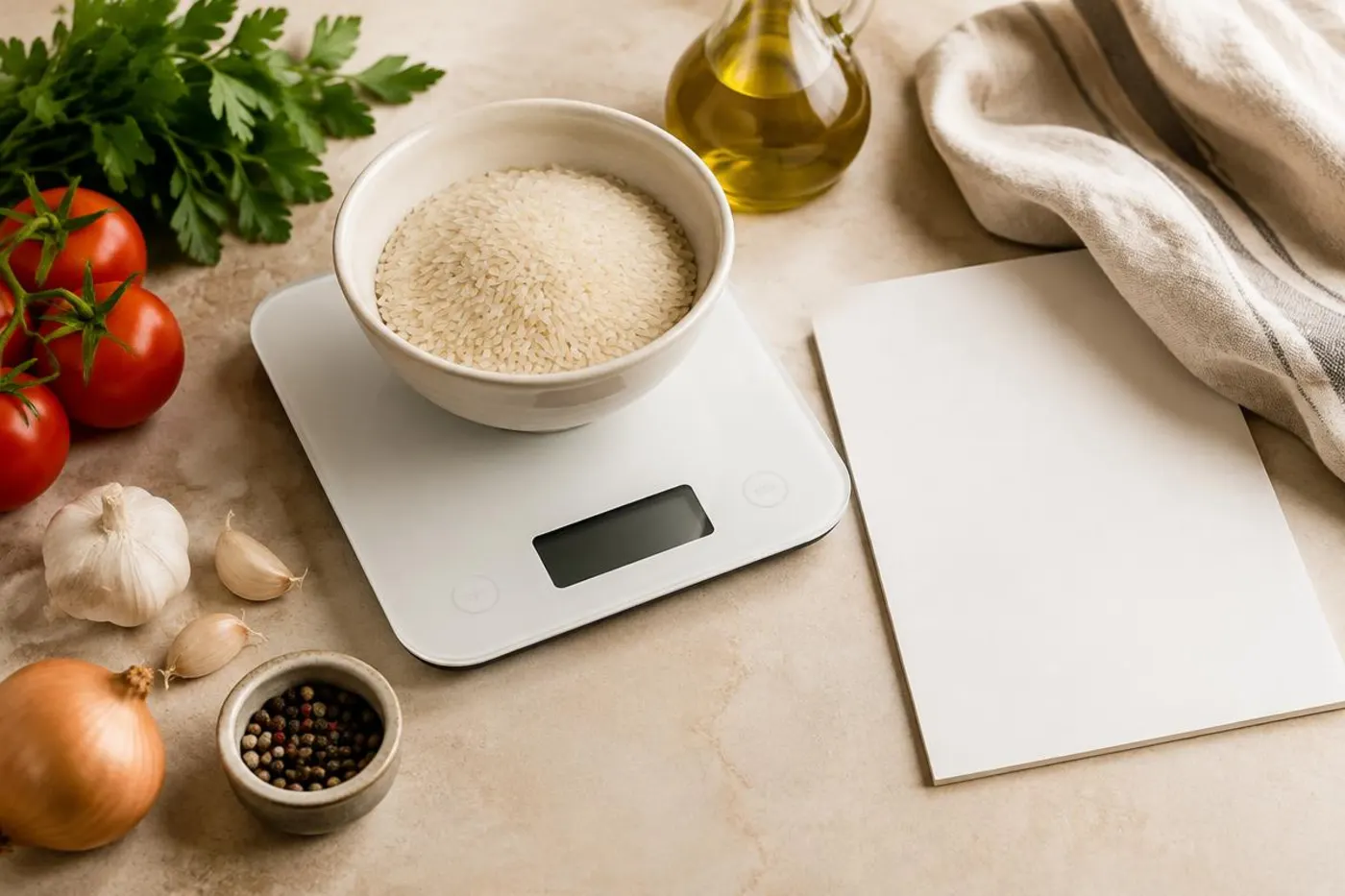 Bowl of rice on a white digital kitchen scale beside tomatoes, garlic and a blank recipe sheet