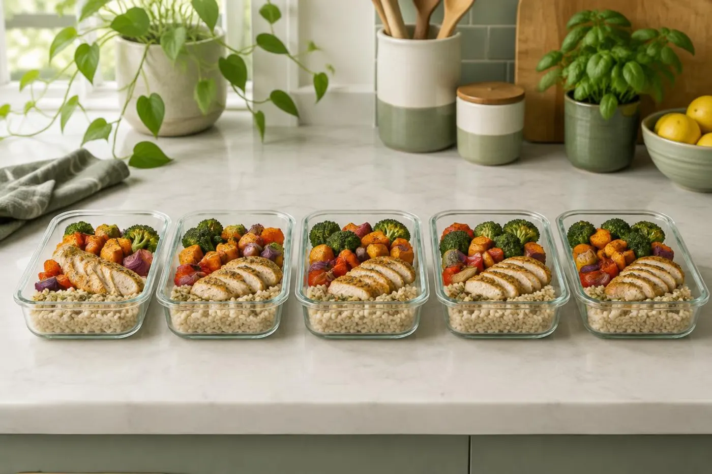 Five glass meal prep containers with chicken, rice and roasted vegetables on a kitchen counter