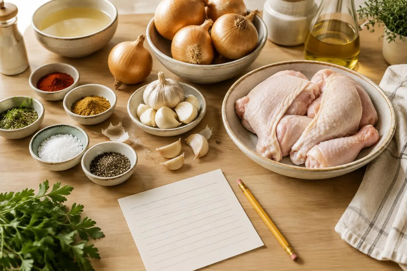 Chicken, onions, garlic and spices laid out on a wooden worktop next to a blank recipe card